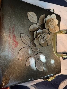 Women's Shimmery Floral Tote Bag in Metallic Black